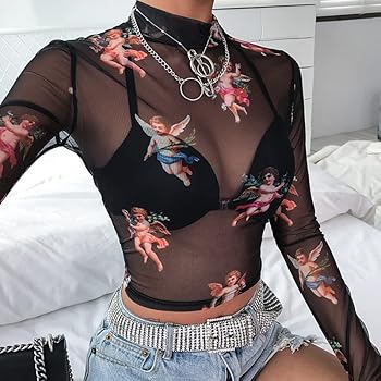 Women's Sheer See Through Long Sleeve Mesh Angle Printed